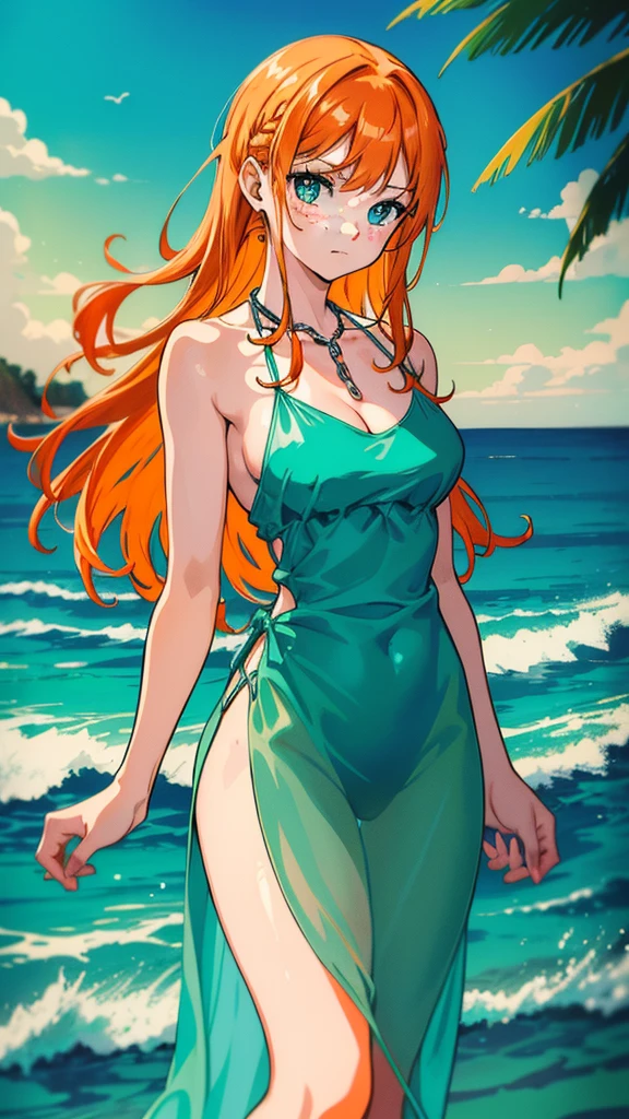 (nsfw), (masterpiece, Highest quality), ((One girl, alone, Long Orange Hair named Ishmael_edge)), Innocent look with a touch of seduction, Bare arms revealing her toned muscles, Bare shoulders adorned with delicate freckles, Bear neck with a delicate chain, watercolor style painting, Sundress made of liquid cloth, the dress swaying with the wave, green-themed with hues of ocean blue, set in the night with a hazy, dark atmosphere, Sharp focus on her face and dress, Ocean as the backdrop, See-through dress shows her toned legs, Orange hair swept back by the wave, dressing like a mermaid