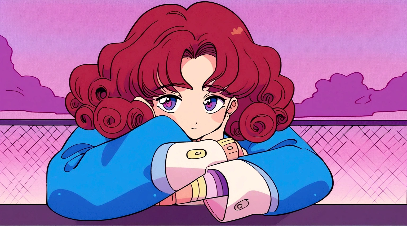 anime boy leaning against table with hand on face, ((curly hair)), ((Red-Haired)), Open sky 90s anime aesthetic, vaporwave cartoon, lo-fi illustration style, praise feel, in the art style of 80s anime, praise, 90s anime art style, praise artstyle, dreamy psychedelic anime, praise aesthetic, they be, they be colors