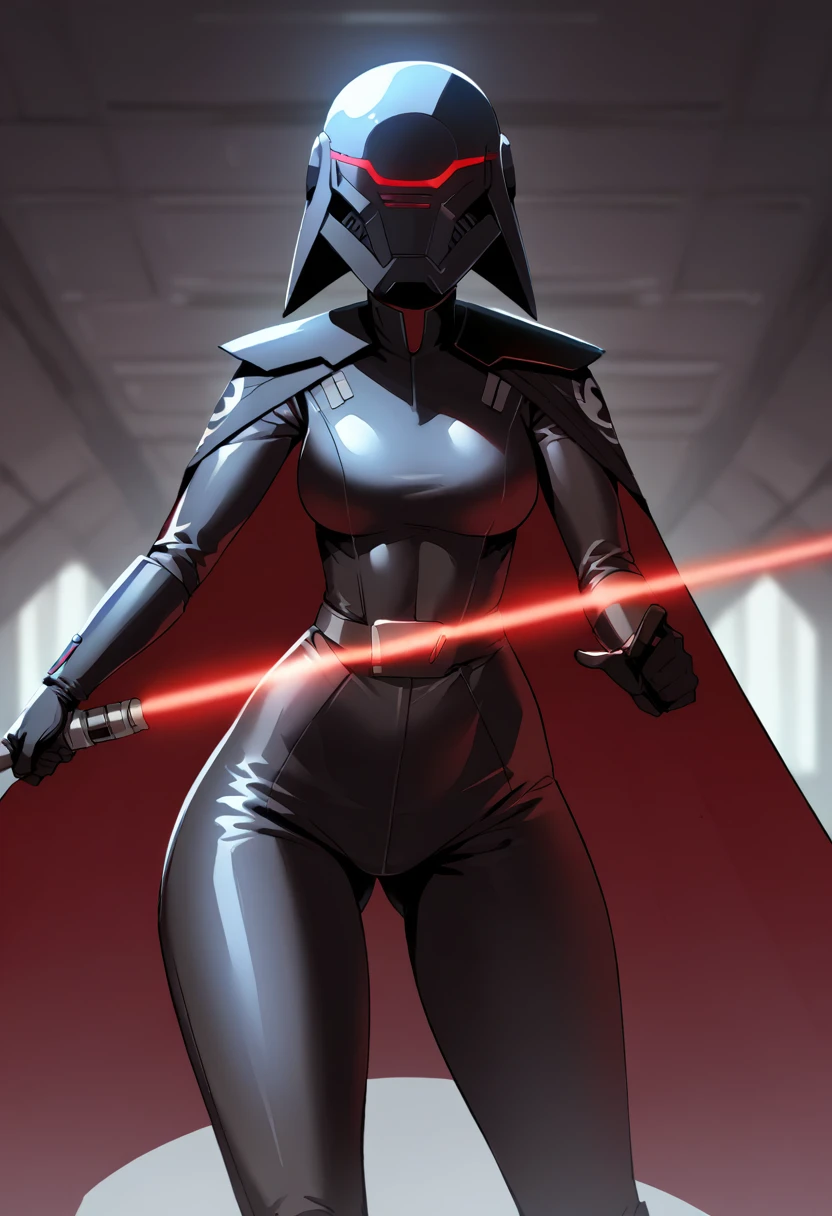 score_9, score_8_up, score_7_up, score_6_up, 2d, rating_questionable, rating_safe, BREAK Trilla, helmet with red visor, star wars, armor,black gloves,tight bodysuit,black cape,black pants, close up, solo, standing, front view, medium breasts, wide hips, holding lightsaber, double edged, action pose, red blade, indoors, sith base, science fiction,