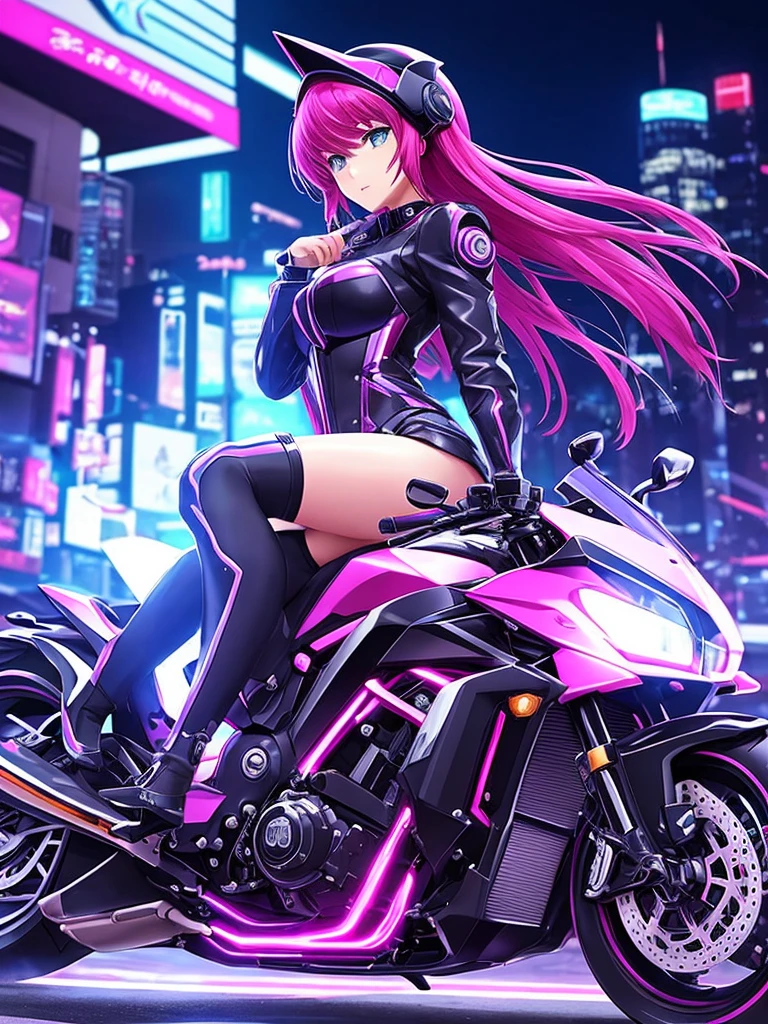 It transports me to a cyberpunk world full of mystery and futurism. I imagine this anime girl on her cyberpunk motorcycle, surrounded by neon lights in a night city. His purple and black suit, The shiny chains and her red hair create an intriguing image. The motorcycle, with its shiny surface and cat-shaped helmet, adds a touch of enigma. It&#39;s like she&#39;s ready for an exciting nighttime adventure!! .