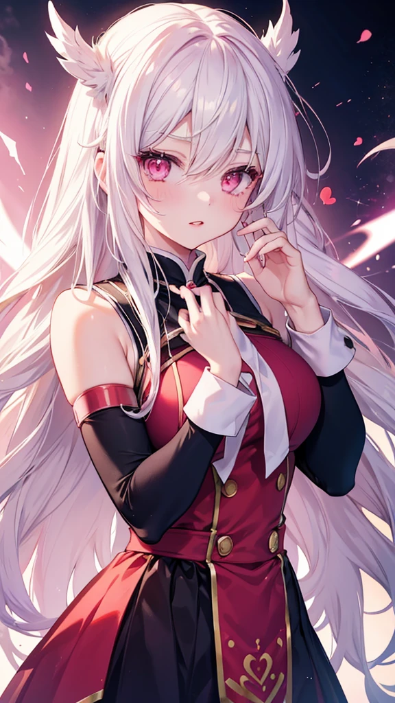 Boku no hero manga panel: girl with long white hair and pink eyes wearing red lipstick dressed as love heroine manipulated love energy in hero pose.