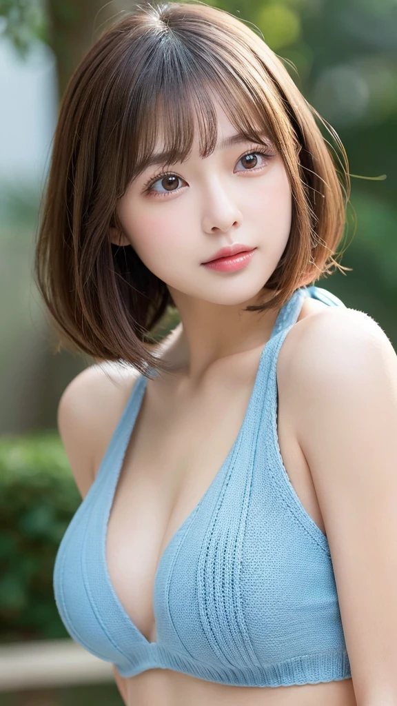 You can see the bottom of the:1.5, masutepiece, Best Quality, Ultra-detailed, finely detail, hight resolution, 8K Wallpaper, Perfect dynamic composition,Perfect face line, Beautiful detailed eyes, pastel knit bikini,bob cuts,Natural Color Lip, Random and cute poses, Kissing face,Take a photo with your kissing face facing the viewer,Perfect and beautiful face,Cute,Anatomically correct condition,Cute,idolface,Perfect and beautiful face