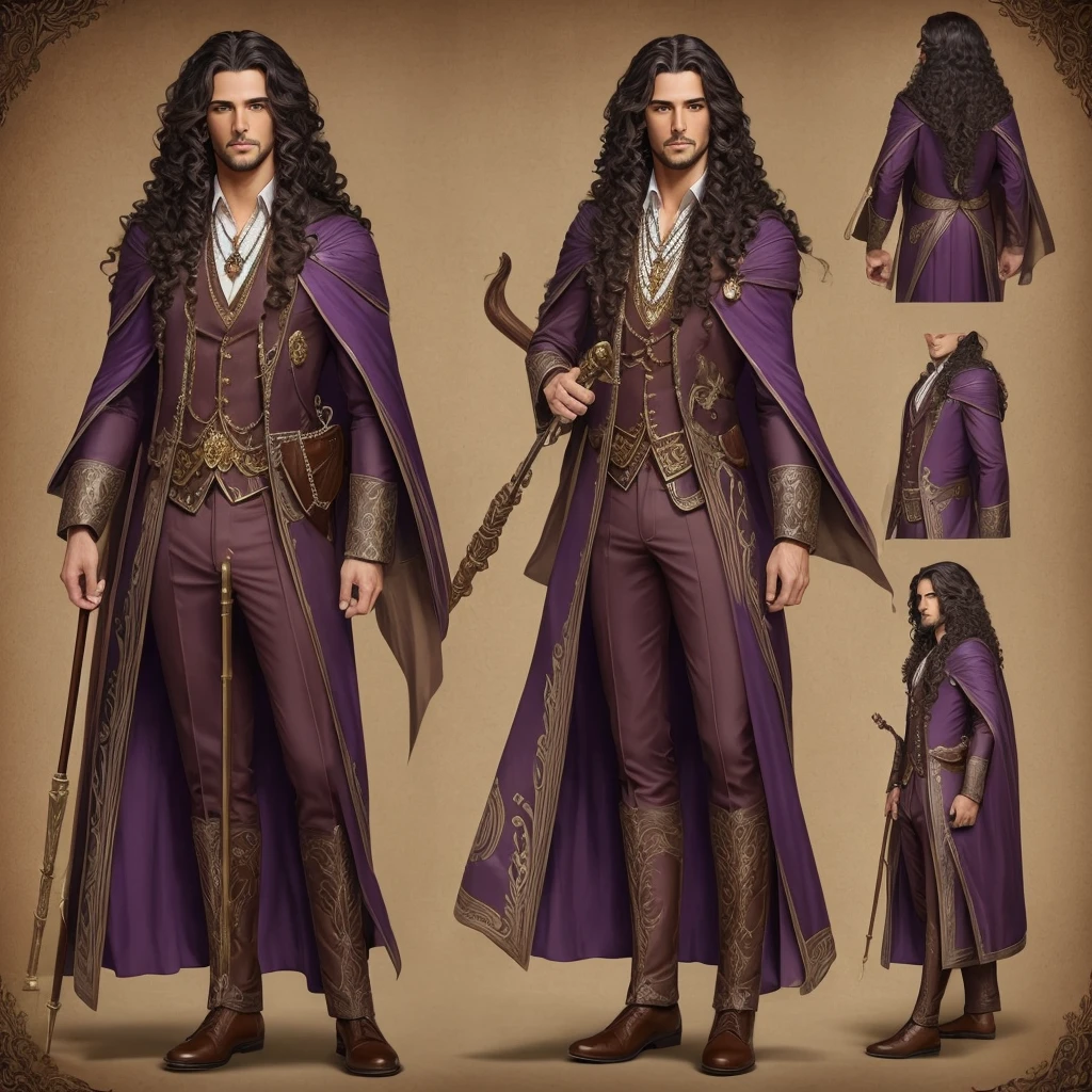 (((highest quality))),masterpiece,1 man,((the perfect person)),((effeminate man)),detailed perfect face, effeminate tan man, long curly purple hair, and a wood magic wand. eccentric wizard, tan skin, nice suit, lots of jewelry, character design, full bodyesbian, Full of details, frontal body view, back body view, Highly detailed, Depth, Many parts, hogwarts