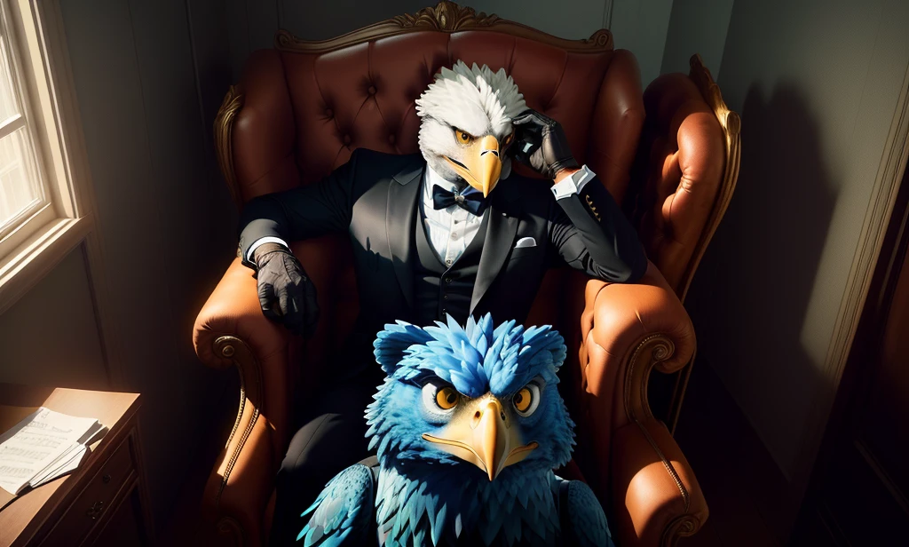 Anthropomorphic eagle wearing a suit,Sitting in a chair like a company president, YouTube video screenshot, The bird is wearing a bow tie, Real-life stills, Live action scenes, Threatening gaze, gentleman, Very emotional, Music video screenshot,