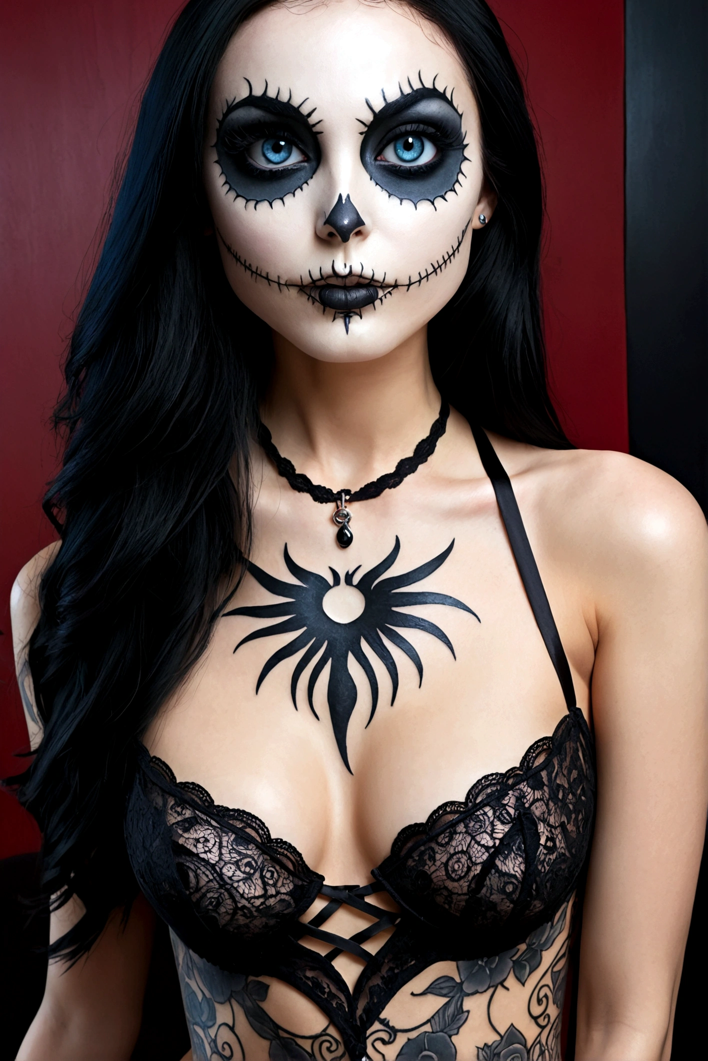 Create a hyper detailed photograph of a jack Skellington tattoos young stunning gorgeous sexy sally Skellington, Stunningly perfect gorgeous face, perfect makeup, detailed vibrant eyes, long black hair,detailed perfect beautiful legs, detailed perfect beautiful arms, realistic torso, detailed pale silky smooth skin, detaile perky breast, perfect round ass, transparent strappy lace lingerie, back to viewer looking forward,