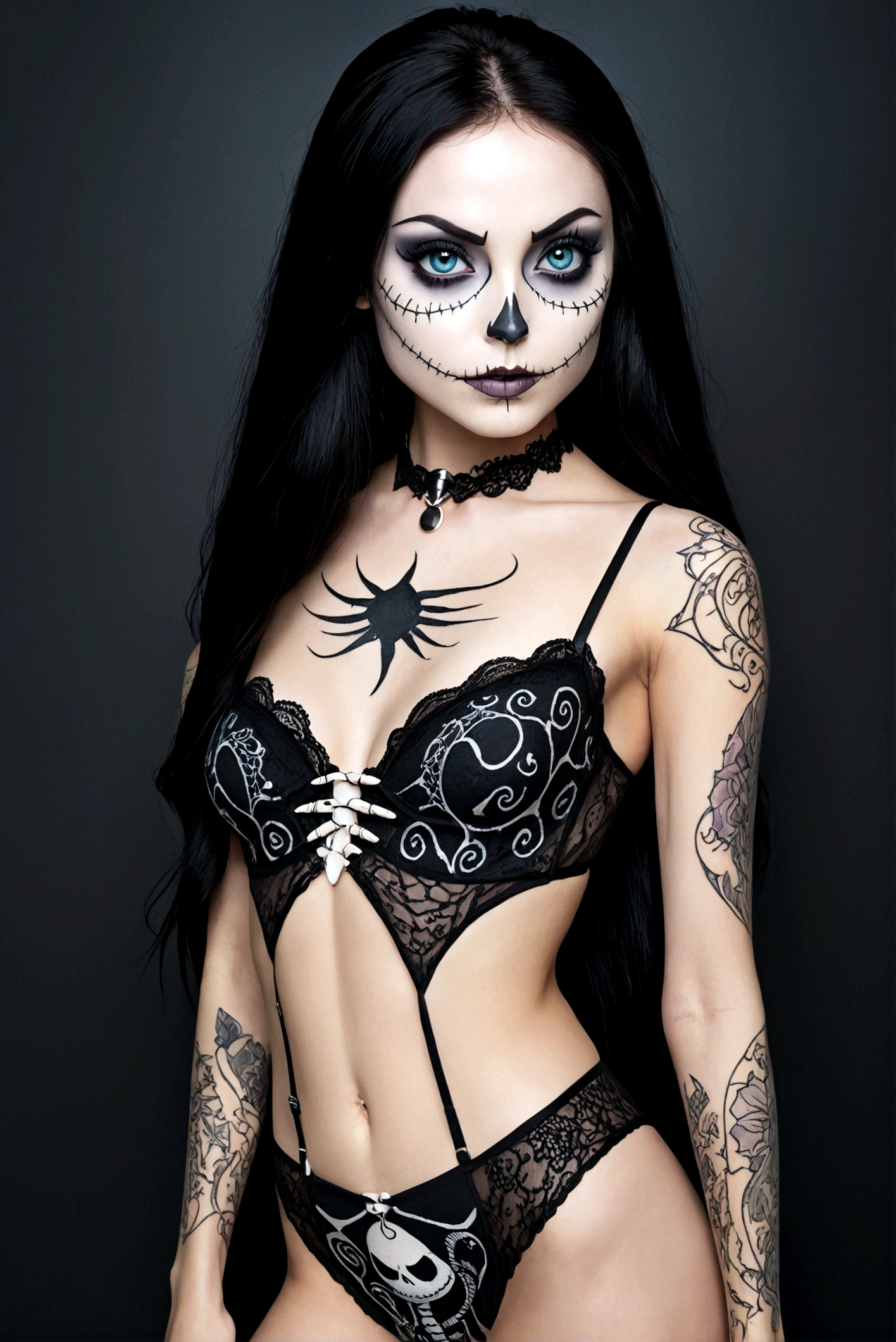 Create a hyper detailed photograph of a jack Skellington tattoos young stunning gorgeous sexy sally Skellington, Stunningly perfect gorgeous face, perfect makeup, detailed vibrant eyes, long black hair,detailed perfect beautiful legs, detailed perfect beautiful arms, realistic torso, detailed pale silky smooth skin, detaile perky breast, perfect round ass, transparent strappy lace lingerie, back to viewer looking forward,