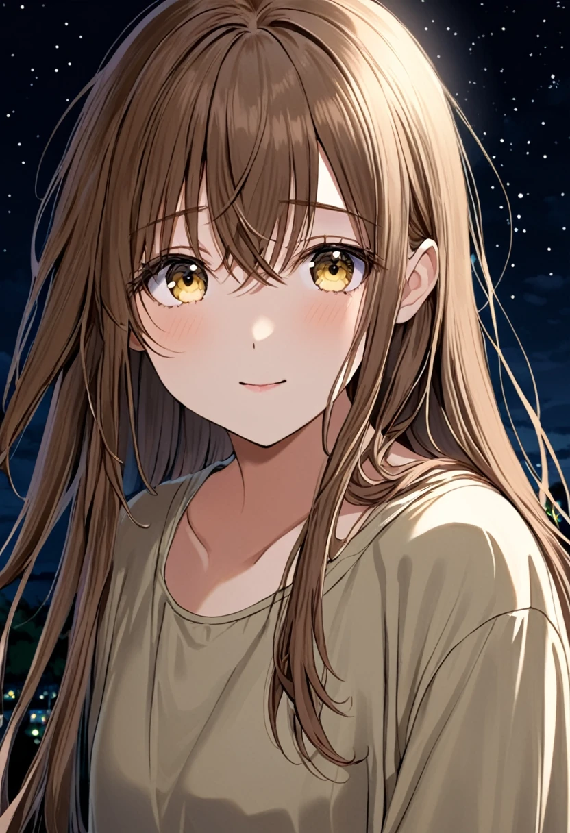 girl.Her hair is brown.Beautiful eyes.Hazel eyes.At night time.
Brown flowing hair. I grow..happy.Quiet.