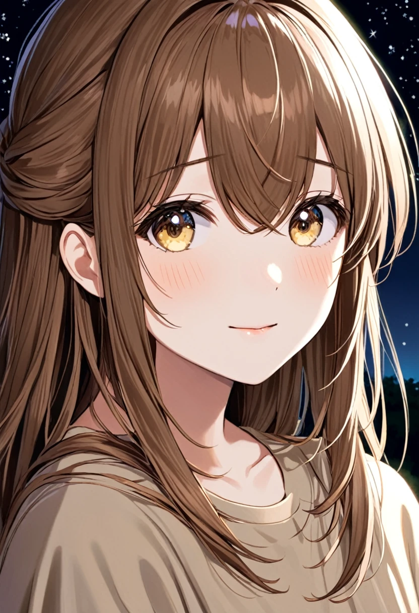 girl.Her hair is brown.Beautiful eyes.Hazel eyes.At night time.
Brown flowing hair. I grow..happy.Quiet.