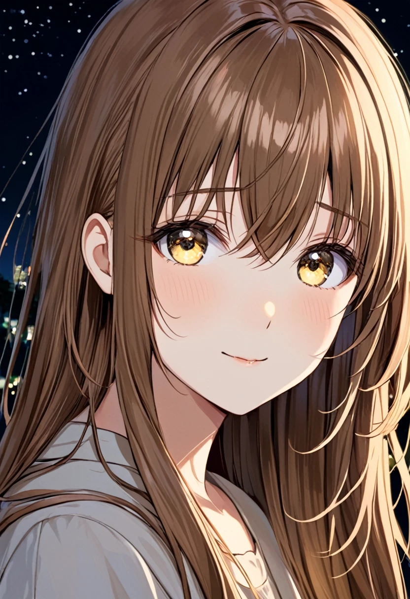 girl.Her hair is brown.Beautiful eyes.Hazel eyes.At night time.
Brown flowing hair. I grow..happy.Quiet.