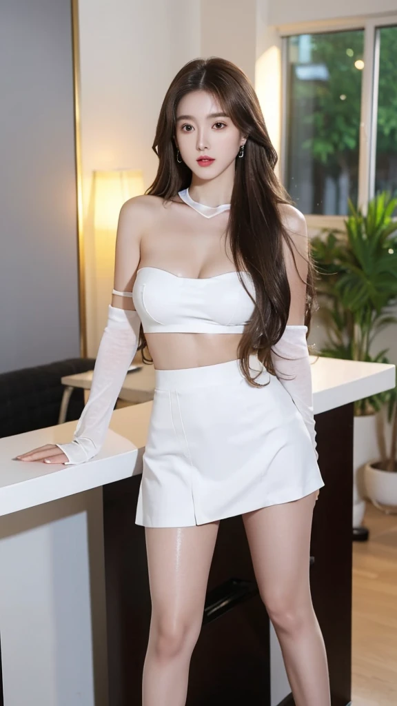 (((Very clear resolution))),(((Top quality))),Long brown wavy hair,Earrings,Clear eyes,Pretty Face,Shine on your lips,(((Glowing face and skin))), Perfect body, Perfect face,White skin,Perfect breasts,Large bust,H cup,Well-proportioned legs,black stockings,Gray office miniskirt,High heel,(((:1.5))), (((distance:1.5)))