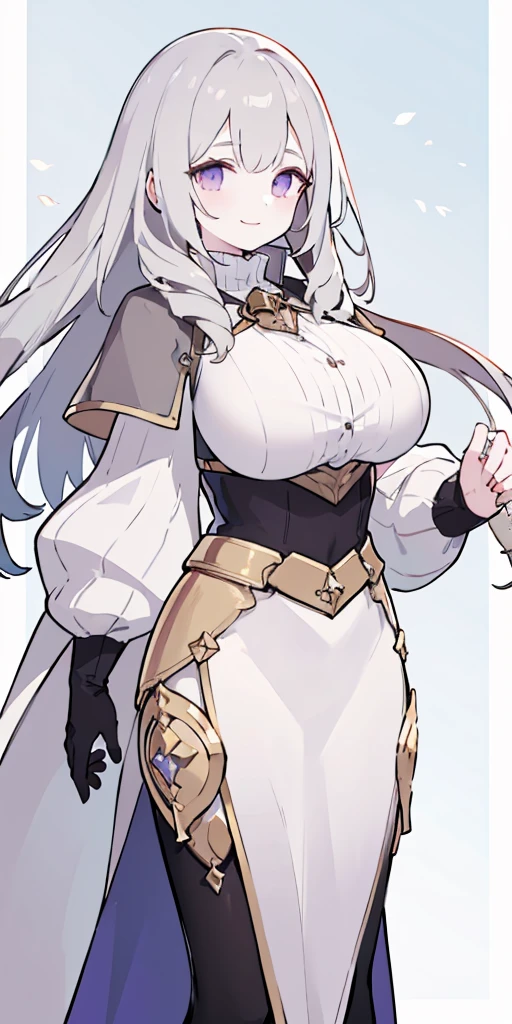 (female chest covered)(smile)Gray skin, pale golden hair and violet eyes. They prefer clothing of white and silver with cloaks of deep blue or purple, village background, huge_knockers ((very precise detailed)) ((highres)