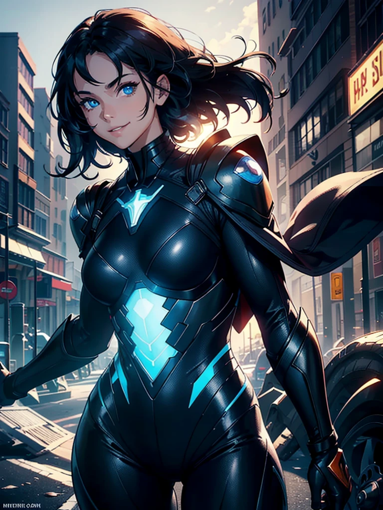 16K, HDR,UHD, RTX, ray tracing, chiaroscuro, best quality, masterpiece, ethereal, perfect illustration, digital artwork, trending on artstation, jaw-dropping perfection, ultra realistic, textured amazing lighting effects, perfect shadows, WLOP, 1girl, beautiful mature edgy woman in a cool long jacket and black pants, superhero suit, stomach covered by clothing, shoulder-length hair, shoulder-length hair, wavy hair, black hair, highly detailed glowing blue eyes, glowing eyes, blue eyes, beautiful glowy blue eyes, detailed eyes, beautiful face, perfect anatomy, broad shoulders, strong upper-body, modern city, city, beautiful weather, stunning sunshine, sunny, daylight, sunlight, modern, nature, daytime, superhero, uplifting, heroic, heroic pose, smiling, smiling at camera, athletic, hands near hips, glowy eyes, daytime, black and blue superhero suit, metal shoulder-pads, summertime, radiant sunlight, beautiful cityscape, hair blowing in wind, manly shoulders, big smile, wide smile, happy eyes, joyful, smiling with teeth, very tall, wide shoulders, tall, wearing mostly black, blue logo on torso