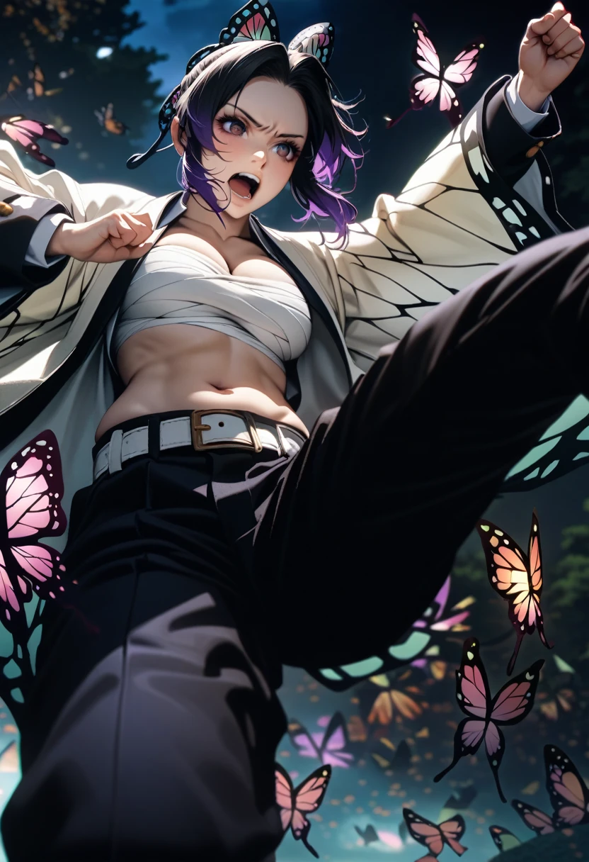 k0ch0ush1n0bu, shinobu kochou, black hair, ((flying many butterfly background:1.5)), butterfly hair ornament, butterfly print, forehead, gradient hair, hair ornament, haori, multicolored hair, parted bangs, purple hair, short hair, two-tone hair,belt, black pants, butterfly print, coat, demon slayer uniform, haori, japanese clothes, pants, uniform,,1  japanese muscular girl,perfect hands,perfect anatomy, masterpiece, best quality,realistic, hyperrealistic, 16k hdr,medium breasts,outdoor,night,japanese old garden,(angry:0.8),red blush,dynamic pose,dynamic angle,(jump,kick,in the air:1.5),(from below,:1.2) ,(open jacket to neck,sarashi,cleavage,navel:1.2),