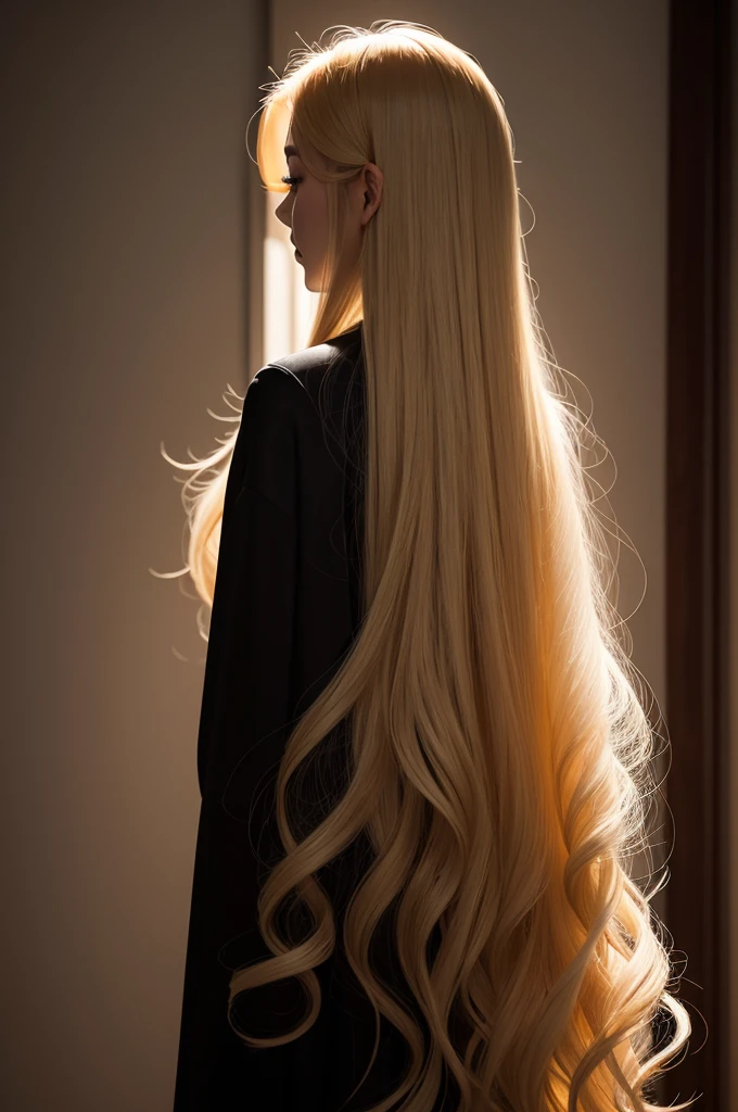 Silhouette the back of a Korean woman with long blonde hair and elegant outfit 