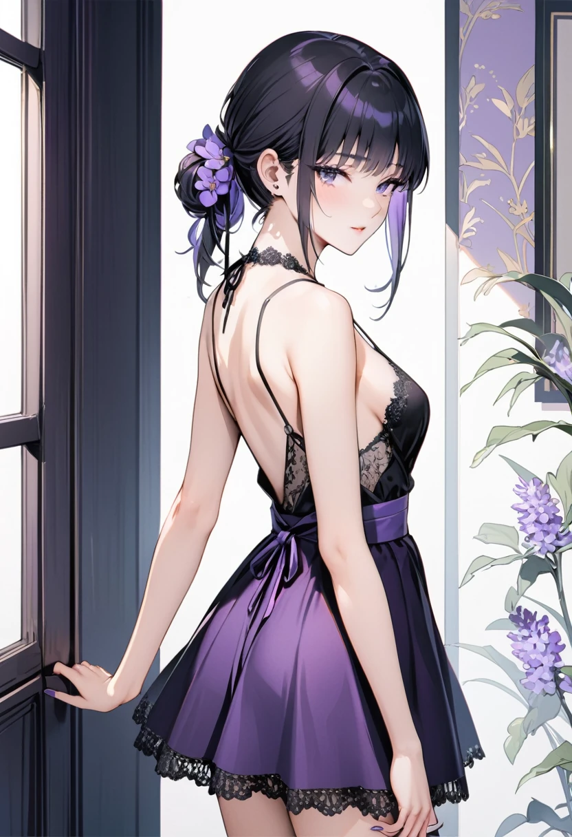 ((Top quality, masterpiece, freak, super resolution)), 1 girl, Japanese model,16 years old,Smooth black hair,Spaghetti strap baby doll, front: small opening at the chest tied with a ribbon, lace decoration from the chest to the waist, short and flared skirt, color: lavender purple, pattern: lace decoration on the chest and waist, simple skirt with lace trim at the hem, back: widely open back with continued spaghetti straps, lace decoration on the upper back, short and flared skirt similar to the front, color: lavender purple, pattern: lace decoration on the upper back, lace trim at the hem, overall: elegant and sexy design.
