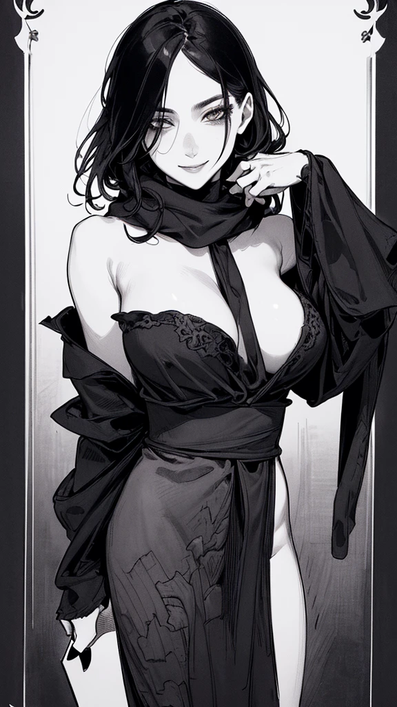 Top quality, (background details), high contrast, one very beautiful woman, detailed original illustration, functional, delicate face, ninja, ninja costume, black hair, scarf, face hidden by hand towel, charming, bad girl, sexy, real breasts, crazy smile, crazy eyes, black robe, black background, (black background: 1. 5 ), beautiful line drawing, monochrome