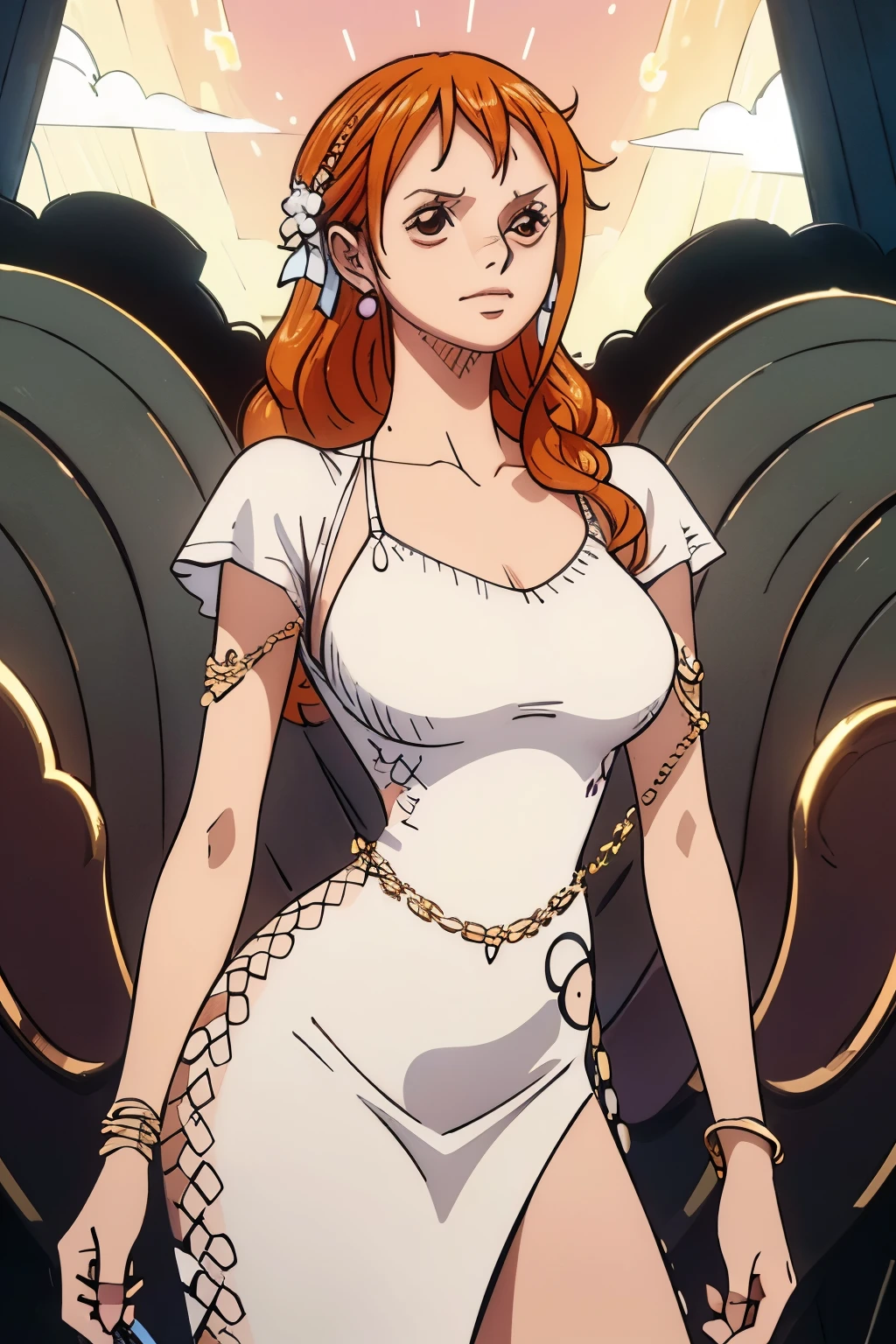 Best quality, 4k, high resolution, body stuck dress, perfect smile, gorgeous, light skin, ahegao face(hentai face) ,nami's hair(orange colour), wearing bodystuck long dress,(long sheeves), clothes are stuck in body, bodyfit outfit,1 girl, solo, seductive look, elegance and charm, (masterpiece, best quality, high resolution), looking at the viewer, standing, (intricate and beautiful:1.2), (detailed light:1.2), (soft light, side light), (high resolution textures) , holding leash in hand(chain leash), outdoor, Burmese girl,wearing bodcorn dress(white colour) with pink line ,wearing gorgeous jewelary, wearing harness over the outfit ,outdoor background, sun light, attractive, sexy, mature and hot, young,(masterpiece:1.3), (disorganized:1.3), (highest quality:1.3), perfect anatomy, detailed face, front view, perfect right hands, looking at viewer, (Super detailed:1.3), (best shadow:0.7), (treated hair), fine eyes, beautiful eyes, young aged woman, alone, standing, crystal earrings,closed_mouth, , outdoors,Thick thighs, arrogant face, small 