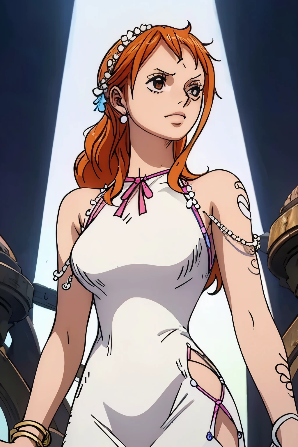 Best quality, 4k, high resolution, body stuck dress, perfect smile, gorgeous, light skin, ahegao face(hentai face) ,nami's hair(orange colour), wearing bodystuck long dress,(long sheeves), clothes are stuck in body, bodyfit outfit,1 girl, solo, seductive look, elegance and charm, (masterpiece, best quality, high resolution), looking at the viewer, standing, (intricate and beautiful:1.2), (detailed light:1.2), (soft light, side light), (high resolution textures) , holding leash in hand(chain leash), outdoor, Burmese girl,wearing bodcorn dress(white colour) with pink line ,wearing gorgeous jewelary, wearing harness over the outfit ,outdoor background, sun light, attractive, sexy, mature and hot, young,(masterpiece:1.3), (disorganized:1.3), (highest quality:1.3), perfect anatomy, detailed face, front view, perfect right hands, looking at viewer, (Super detailed:1.3), (best shadow:0.7), (treated hair), fine eyes, beautiful eyes, young aged woman, alone, standing, crystal earrings,closed_mouth, , outdoors,Thick thighs, arrogant face, small 