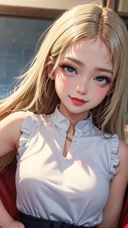 blush a little and smile, (Top quality masterpiece:1.2) Delicate illustrations, Very detailed, /Beautiful Japanese Women、1 person,Very cute and slim、Great style 、((8K images、super high quality))、Very delicate face, Skin and Hair、beautifule forehead、Red lipstick、(((((Mid-length hair、Blonde、lure))))),Very cute Japanese cut face、Eyes and nose are clearly visible、Kind eyes,((((Sleeveless fashion))))