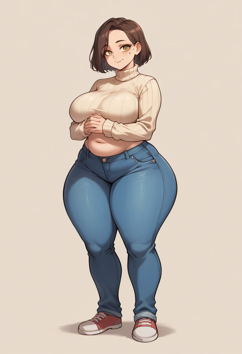 an adult woman, She has a robust and curvy build... Your hips, stomach and bust are pronounced..., which gives you an hourglass figure, some wrinkles on the face..., short brown hair, yellow eyes, a mole on the cheek, closed smile, big breasts, Wide hips, thick thighs, rolls, large beige turtleneck sweater, sleeves covering hands, blue wide jeans, baggy clothes, full body view, Alone, cream colored background, standing
