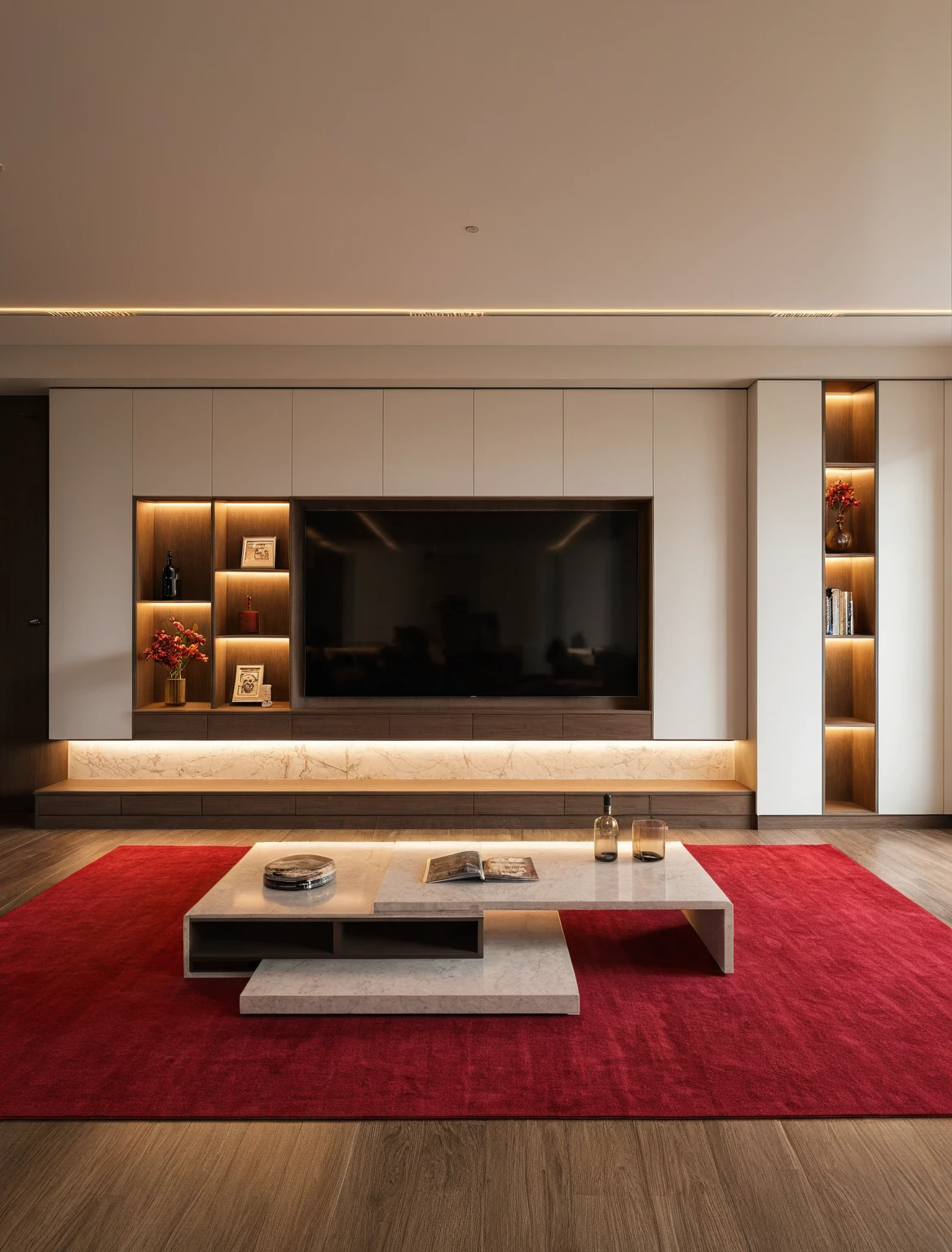 Raw photo,Masterpiece, high quality, best quality, authentic, super detail, interior , sunset, daylight, living room style Modern luxury, TV cabinet, TV, decorative cabinet, books, flower vases, bottles, tea table, tray, wine bottle, open book, carpet, wooden floor, curve, ((red tones)