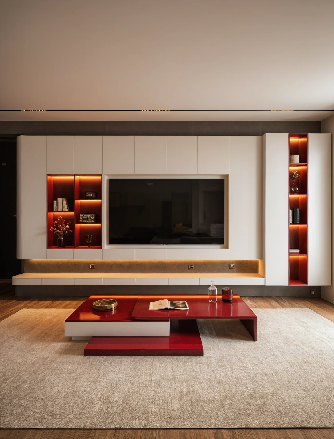 Raw photo,Masterpiece, high quality, best quality, authentic, super detail, interior , sunset, daylight, living room style Modern luxury, TV cabinet, TV, decorative cabinet, books, flower vases, bottles, tea table, tray, wine bottle, open book, carpet, wooden floor, curve, ((red tones)