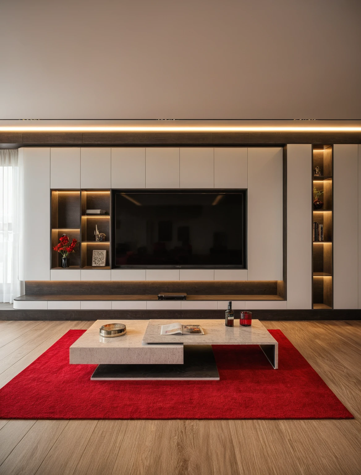 Raw photo,Masterpiece, high quality, best quality, authentic, super detail, interior , sunset, daylight, living room style Modern luxury, TV cabinet, TV, decorative cabinet, books, flower vases, bottles, tea table, tray, wine bottle, open book, carpet, wooden floor, curve, ((red tones)