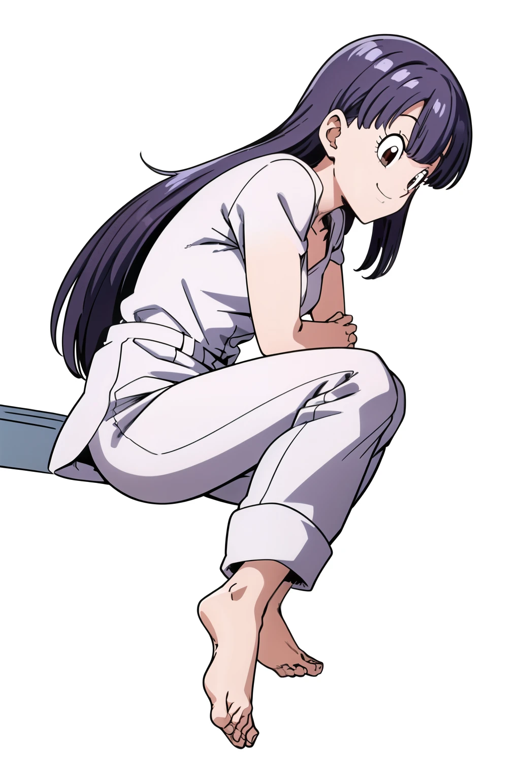 Bloomers, Cell Saga, Semi-long hair, Purple Hair, No bangs, Brown eyes, One girl, alone, White shirt, White pants, Baggy pants, From the side, Look to the side, Wind, eyelash, From the chest up, White background, sitting cross-legged,Scratching head, smile,