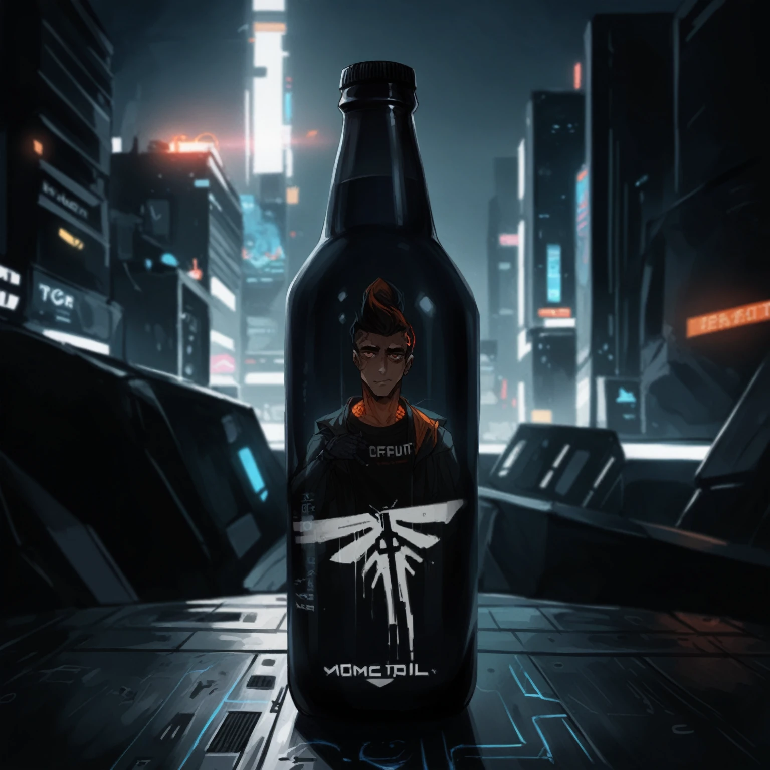 One bottle in the picture.A bottle of cyber beer presented in cyberpunk style, with characteristic elements: smooth, matte coating, decorated with bright neon luminous inserts. Design includes digital pixel patterns and abstract graphic elements, creating the effect of digital disruption and the future of the technological world. The main color of the bottle is deep purple, red, orange or green. This combination gives the product a unique cyberpunk style and modern look..
Bottle with holographic labels, depicting robotic fruits reflecting the taste of the future.