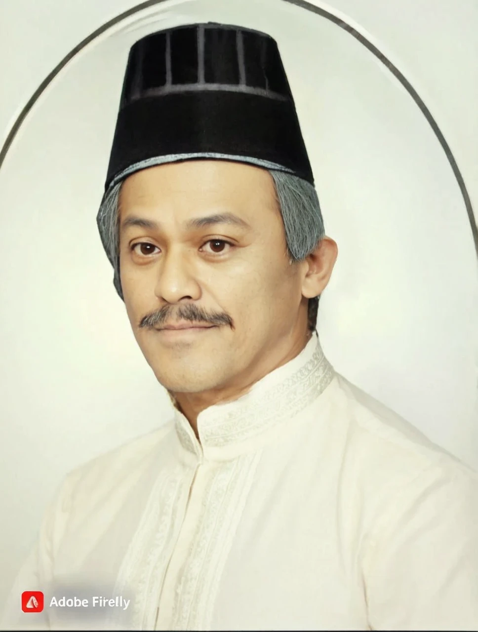 Indonesian Muslim man, aged 40 years or over, wrinkled brown skin, wearing full kanigaran clothes, and a head covering with the feel of a great king, thick mustache, clear eyes, thin upper lip and thick lower lip. Oval face shape, realistic HD quality images
