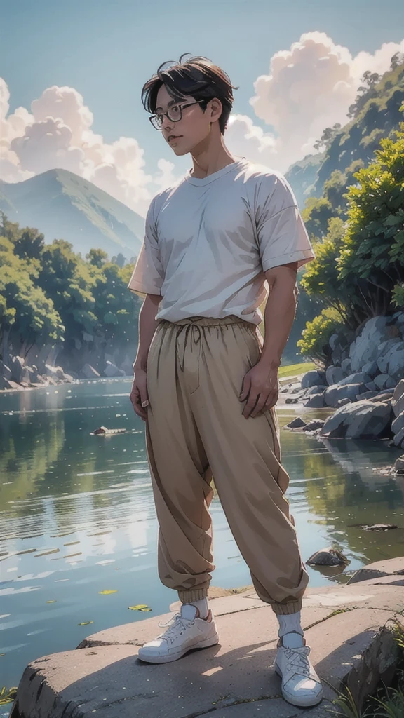 Create a high-quality anime-style image featuring an elderly man standing on a rocky cliff by the sea. The man has white hair, a beard, and is wearing round glasses. He is dressed in a white shirt, beige pants rolled up at the ankles, and white sneakers. His posture is relaxed, with his hands in his pockets, gazing thoughtfully into the distance.
The background consists of a clear blue sky filled with fluffy, white clouds. Below the cliff, there is a calm sea with boats and a small coastal village nestled at the foot of green, mountainous terrain. The scene captures a peaceful, reflective moment, with vibrant colors and detailed shading to emphasize the tranquil and contemplative atmosphere.