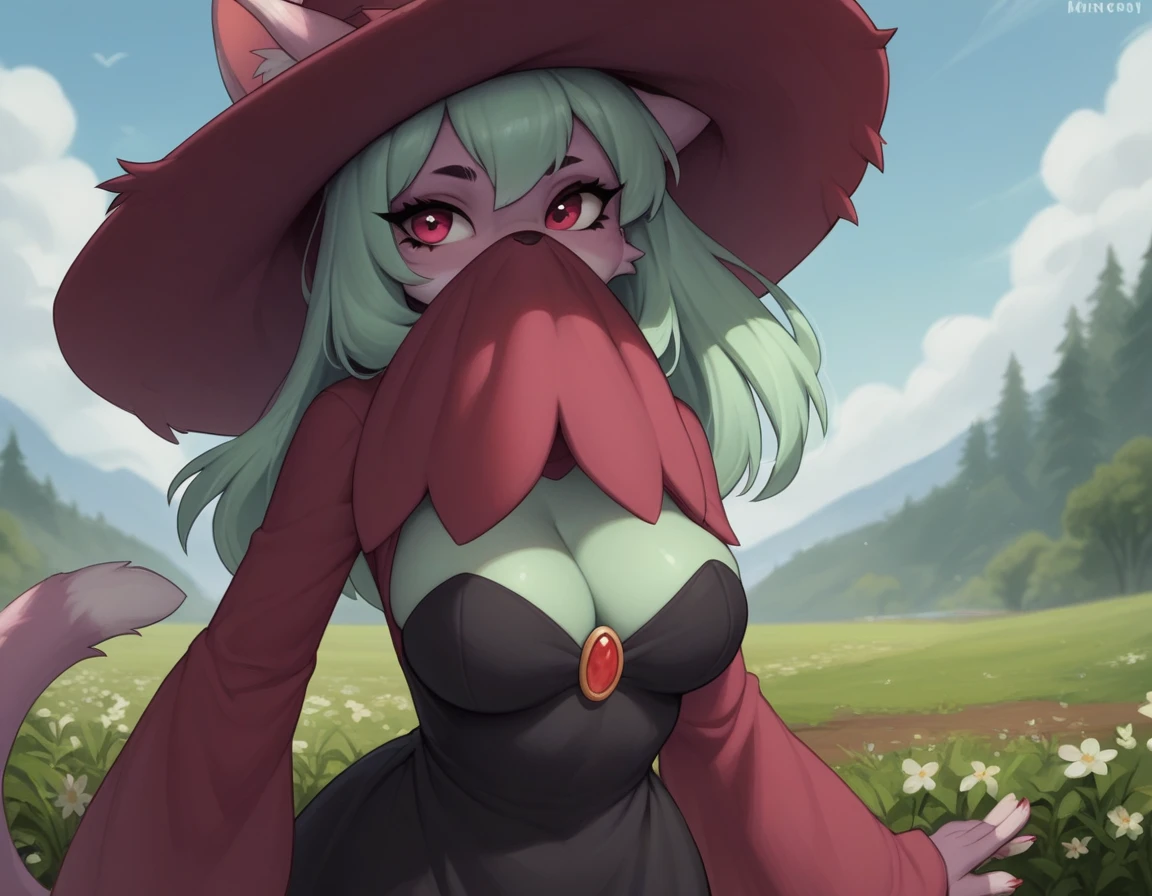 , score_9,score_8_up,score_7_up, source_cartoon, Katress, female, Anthro feline, hat, covered mouth, dress, outdoors