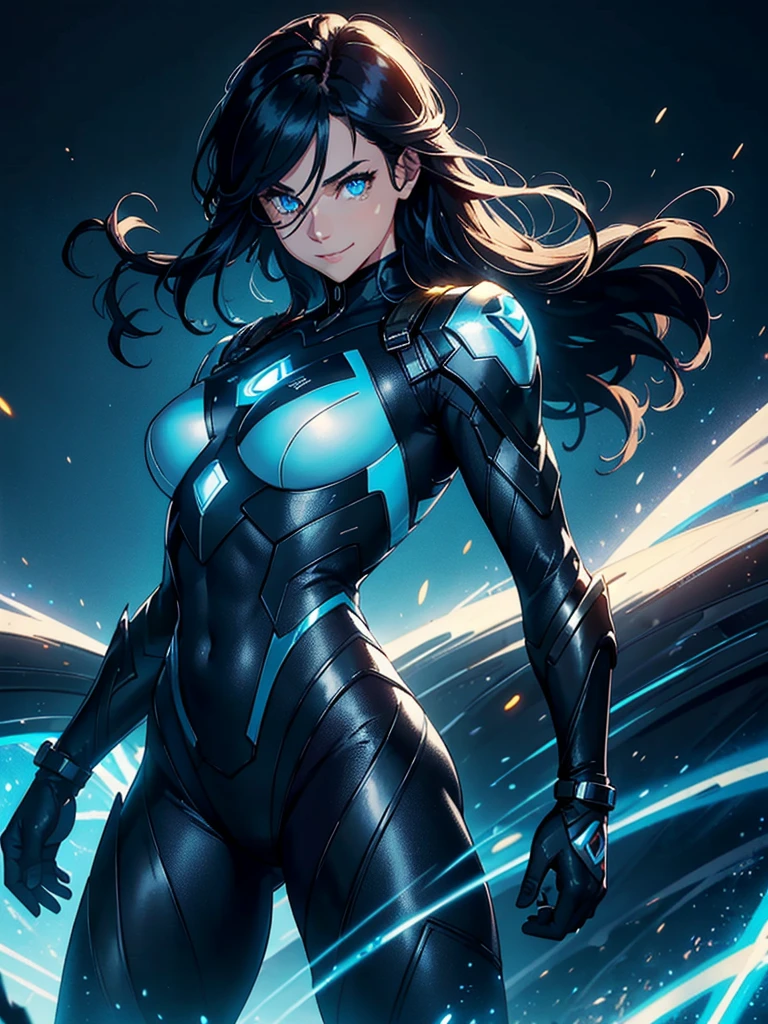 16K, HDR,UHD, RTX, ray tracing, chiaroscuro, best quality, masterpiece, ethereal, perfect illustration, digital artwork, trending on artstation, jaw-dropping perfection, ultra realistic, textured amazing lighting effects, perfect shadows, WLOP, 1girl, beautiful mature edgy woman in a cool long jacket and black pants, superhero suit, stomach covered by clothing, shoulder-length hair, shoulder-length hair, wavy hair, black hair, highly detailed glowing blue eyes, glowing eyes, blue eyes, beautiful glowy blue eyes, detailed eyes, beautiful face, perfect anatomy, broad shoulders, strong upper-body, modern city, city, beautiful weather, stunning sunshine, sunny, daylight, sunlight, modern, nature, daytime, superhero, uplifting, heroic, heroic pose, smiling, smiling at camera, athletic, hands near hips, glowy eyes, daytime, black and blue superhero suit, metal shoulder-pads, summertime, radiant sunlight, beautiful cityscape, hair blowing in wind, manly shoulders, big smile, wide smile, happy eyes, joyful, smiling with teeth, very tall, wide shoulders, tall, wearing mostly black, blue logo on torso