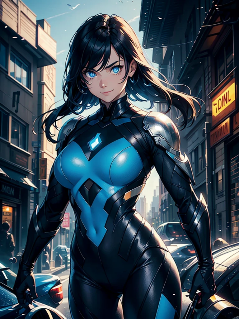 16K, HDR,UHD, RTX, ray tracing, chiaroscuro, best quality, masterpiece, ethereal, perfect illustration, digital artwork, trending on artstation, jaw-dropping perfection, ultra realistic, textured amazing lighting effects, perfect shadows, WLOP, 1girl, beautiful mature edgy woman in a cool long jacket and black pants, superhero suit, stomach covered by clothing, shoulder-length hair, shoulder-length hair, wavy hair, black hair, highly detailed glowing blue eyes, glowing eyes, blue eyes, beautiful glowy blue eyes, detailed eyes, beautiful face, perfect anatomy, broad shoulders, strong upper-body, modern city, city, beautiful weather, stunning sunshine, sunny, daylight, sunlight, modern, nature, daytime, superhero, uplifting, heroic, heroic pose, smiling, smiling at camera, athletic, hands near hips, glowy eyes, daytime, black and blue superhero suit, metal shoulder-pads, summertime, radiant sunlight, beautiful cityscape, hair blowing in wind, manly shoulders, big smile, wide smile, happy eyes, joyful, smiling with teeth, very tall, wide shoulders, tall, wearing mostly black, blue logo on torso