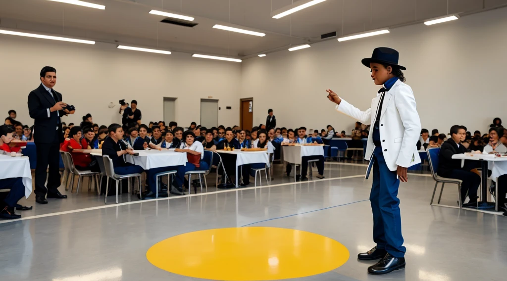 Photorealistic image of a 7-****-*** boy performing on a makeshift stage in the school cafeteria. The boy is autistic and is dressed like Michael Jackson in the 'Smooth Criminal' music video. He is giving an amazing performance that surprises all adults. There are foreigners filming his performance with cameras. The boy has short, dark hair and wears a white hat, a white jacket with a blue stripe, white pants and black shoes. The café has tables and chairs in the background, and the lighting highlights Vicente in his work.