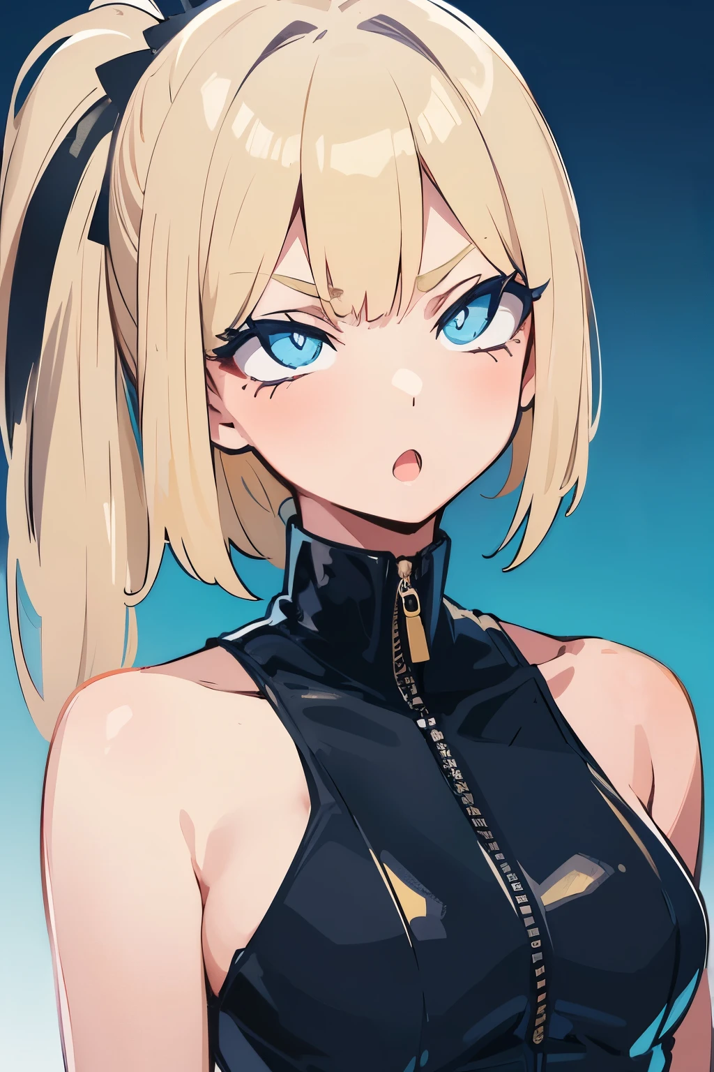 Sleeveless、'No sleeve'恥ずかしい、Embarrassed、Only the face、Face Up、1 person、No sleeve、Ahegao、ponytail、blonde、amount、Blue Leather Shirt、Sara、No sleeve、best quality, super fine illustration,(((beautiful fine hair))),(((beautiful fine face))),(((beautiful fine background))),blue-black leather pants, silver zipper,belt below the waist,super fine illustration,(((beautiful fine hair))),(((beautiful fine face))),(((beautiful fine background))),normal small size,bangs bangs ,(((beautiful fine hair))),(((beautiful fine face))),(((beautiful fine background))),blond hair , showing forehead, silver center zipper, leather blue black bodysuit, sleevelesblue blacks, shiny, blonde ponytail