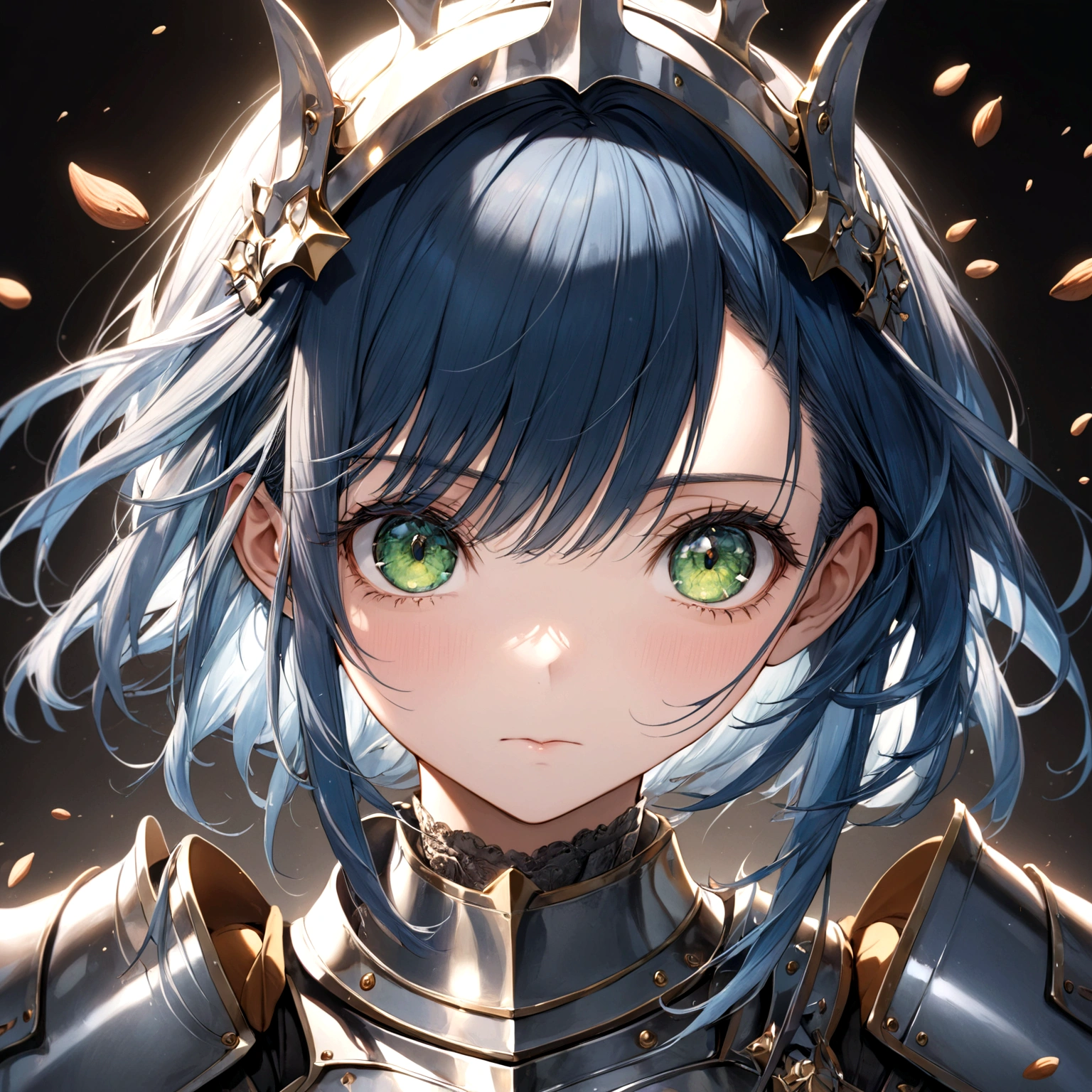 ((masterpiece:1.2, best quality)), (head-shot:1.1), (from front, facing front:1.2), ultra detailed, Ultra-precise depiction, Ultra-detailed depiction, dramatic lighting, 1girl, solo, mature girl, blue hair, shiny green eyes, almond eyes shape, flat expression, knight armor