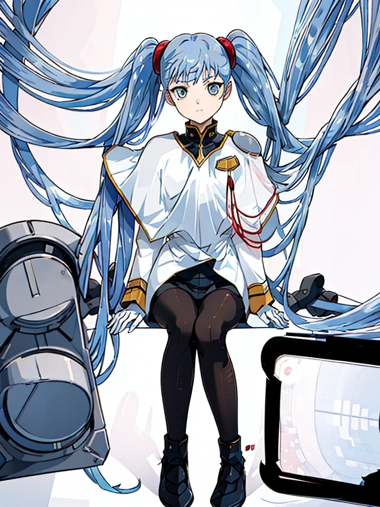 18-year-old girl,, black tights , ,Long twin tails, Light blue hair, Beautiful Face, Spaceship, , commander,  Perfect Anatomy,pants,Low angle,Sitting pose ,M-shaped leg pose, Emphasis on the groin.