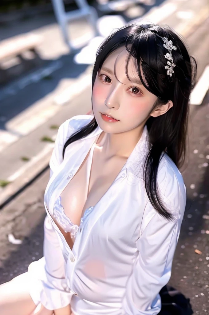  anime girl in white clothes, pregnancy, Realistic Shadows, Detailed skin, Very small breasts, Black Hair, Very detailed, 8kのVery detailedな顔, perfect face shape, Perfect Lips, Perfect Nose, Correct beautiful eyes, Audience, masterpiece, Highest quality, Single women, Very good, No pants, alone