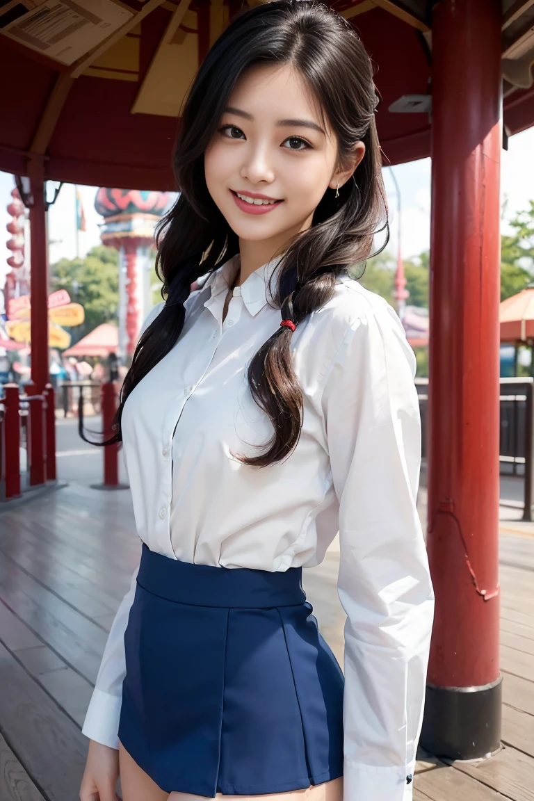 (masterpiece:1.3), High resolution, Very detailed, CG, 8K壁紙, Photorealistic, RAW Photos, (8K, Highest quality, masterpiece:1.2), (Realistic:1.4), Beautifully detailed face, Perfect and beautiful face, Beautiful and elaborate face, Accurate, Very detailedな顔と肌の質感, Detailed hair texture, Perfect body, (Fair skin:1.2), Beautiful eyes in every detail, Slim face and figure, Big eyes, (Glossy Lips, Natural color lip:1.4), ((Sexy sensual smile, Attractive sexy smile:1.4)), ((きれいなwoman, Random hairstyle:1.4)), ((美しい日本人womanがタイトな服を着てamusement parkの係員として働いている。She wears a tight uniform、Fitted shirt on the upper body、The lower half is a tight mini skirt。The clothing colors are bright blue and red..、amusement park&#39;The shirt has a printed logo。woman&#39;Keep your hair in a ponytail or a simple updo.、The smile is shining。Her Big Tits、Toned thighs、She is posing in a way that accentuates her round buttocks..。background, amusement parkのカラフルなアトラクションや乗り物が広がる.、Many people under the bright sun々々I know they&#39;re having fun.。woman are friendly、With a friendly look、amusement parkの雰囲気を明るくします.。The light is natural、Create a lively and fun atmosphere。:1.4)), ((Full Body Shot:1.4)), (Gazing at the audience:1.3), ((sexy shot looking at camera, Bold sexy pose:1.3)), (詳細なbackground:1.2), Perfect dynamic composition