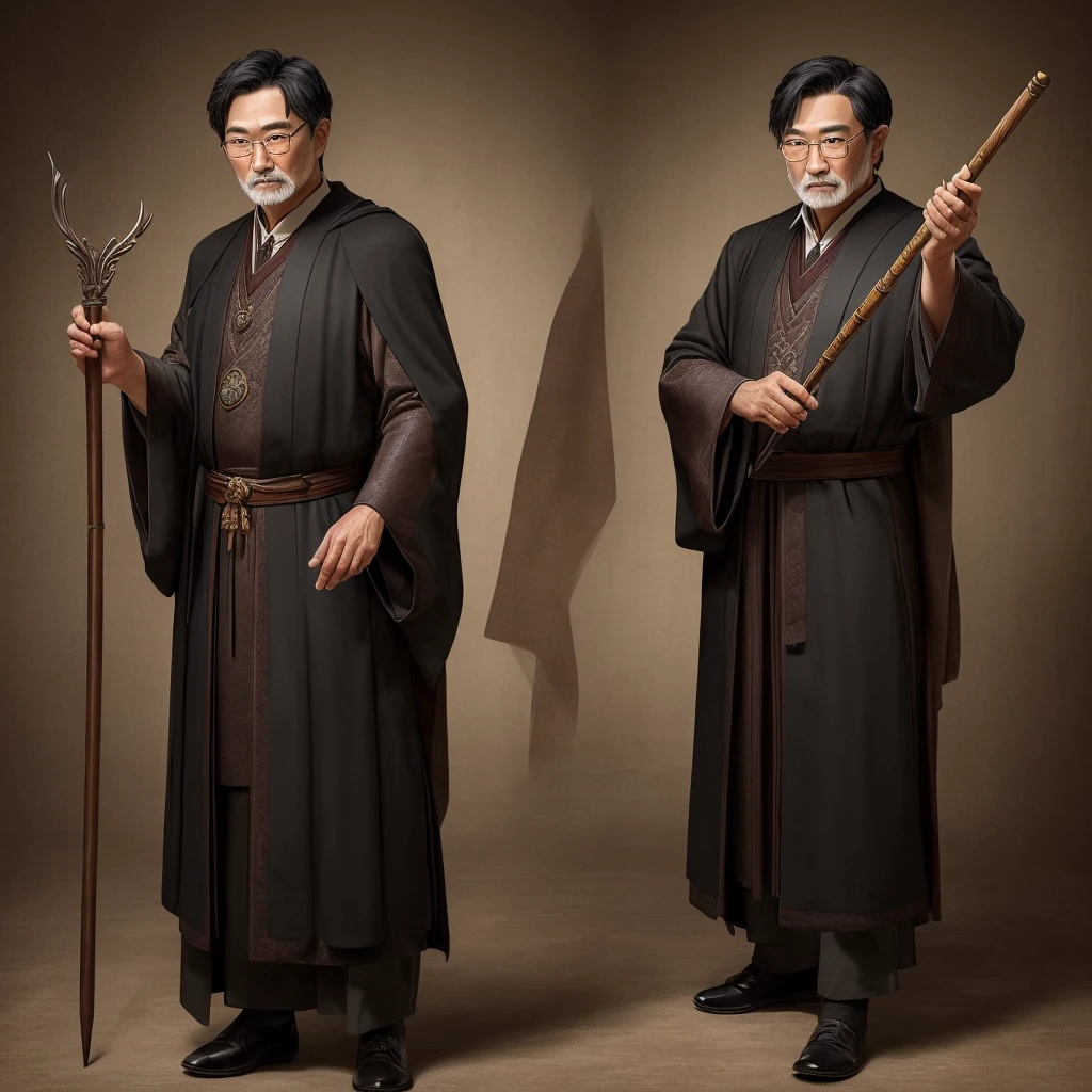(((highest quality))),masterpiece,1 man,((the perfect person)),((regular man)),detailed perfect face, older asian man with dark wizard robes, short black hair, and a wood magic wand. glasses, conservative outfit, older wise man, character design, full bodyesbian, Full of details, frontal body view, back body view, Highly detailed, Depth, Many parts, hogwarts
