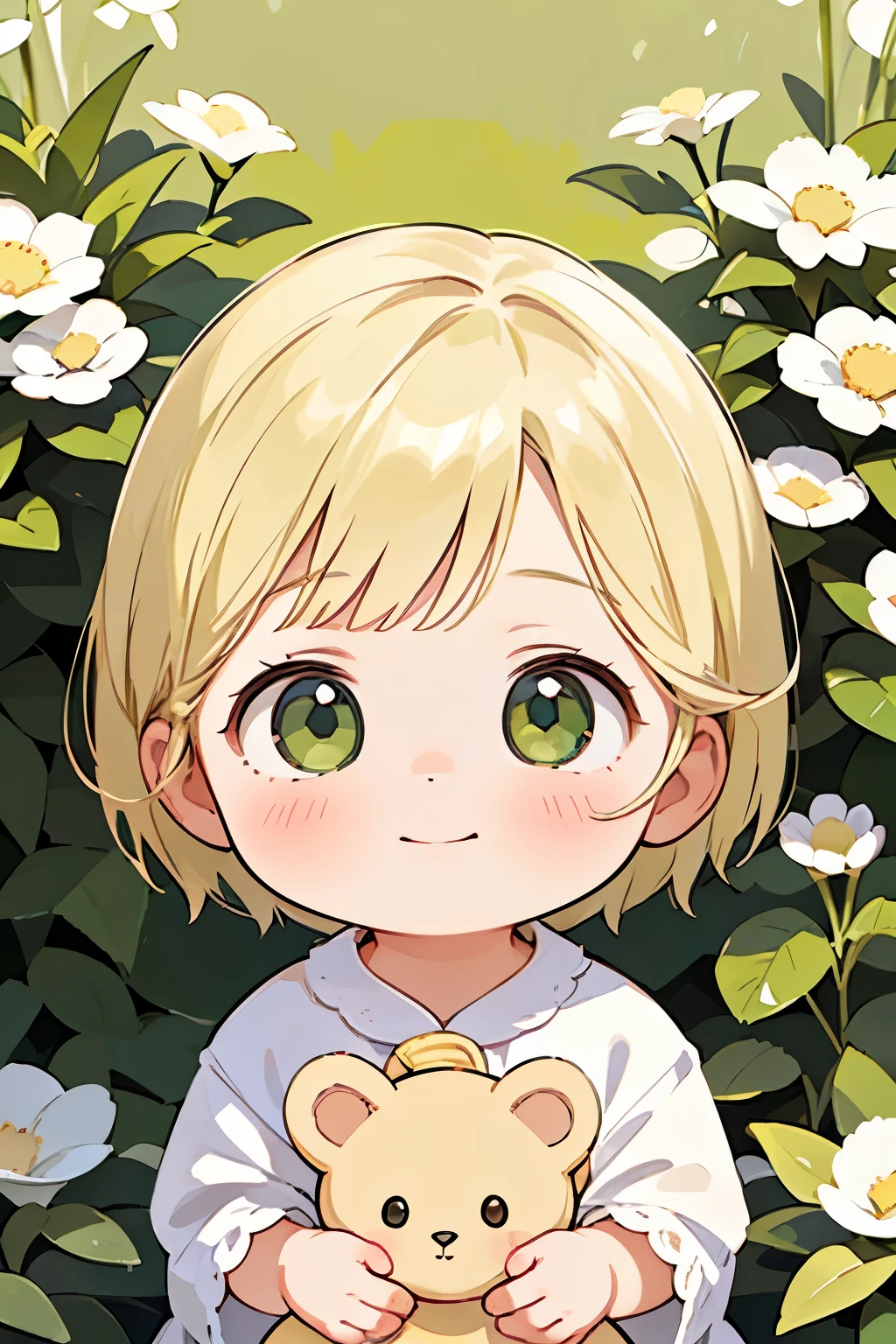 (high-quality, breathtaking),(expressive eyes, perfect face) portrait, Symmetrical Eyes, 1girl, female , solo, 1 month old, blonde hair, green coloured eyes, short hair, short hair length, baby face, backyard background, stuffed toys, beautiful grass, garden, detailed eyes, white and red dress, cute smile
