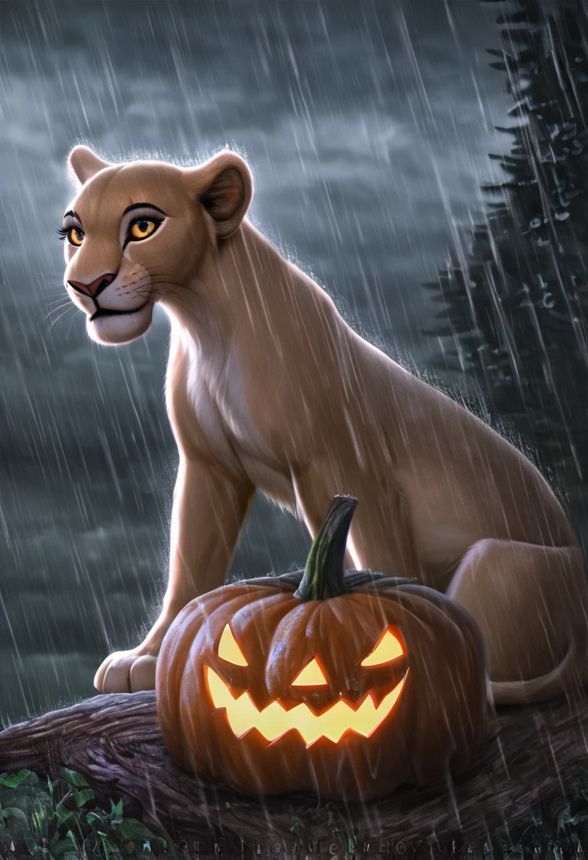 a beautiful lioness and lion kissing passionately on a rainy day, beautiful detailed eyes,beautiful detailed lips,extremely detailed eyes and face,long eyelashes,cinematic lighting,dramatic sky,rain falling,tree stump,pumpkin,the lion king,photorealistic,8k,realistic,masterpiece,vivid colors,stunning lighting,dramatic atmosphere