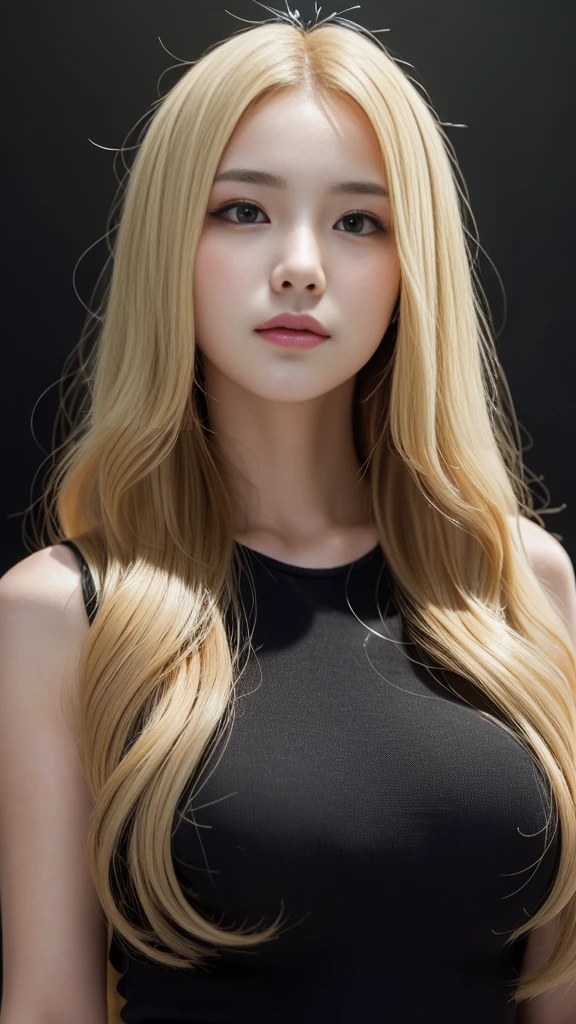 ((((blonde、Super long hair、とてもLong Hair、Fluffy Wave、Black background、blonde、Look forward、Nordic)))))))、blonde、Tabletop, Highest quality, Photorealistic, In detail, High resolution, 8k wallpaper, Perfect dynamic composition, Beautiful attention to detail, Long Hair, Big ample breasts、24-years-old、(Droopy Eyes 1.4)、Adult Beauty、Japanese、Big Breasts