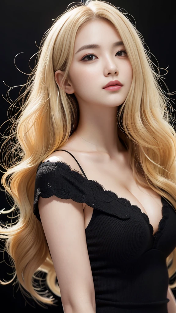 ((((blonde、Super long hair、とてもLong Hair、Fluffy Wave、Black background、blonde、Look forward、Nordic)))))))、blonde、Tabletop, Highest quality, Photorealistic, In detail, High resolution, 8k wallpaper, Perfect dynamic composition, Beautiful attention to detail, Long Hair, Big ample breasts、24-years-old、(Droopy Eyes 1.4)、Adult Beauty、Japanese、Big Breasts