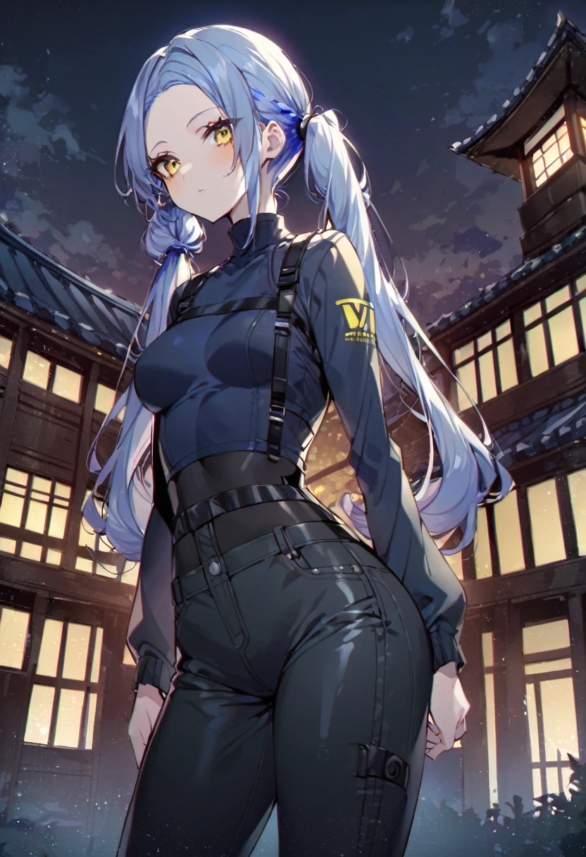(One very tall woman,Dark navy blue hair,Her hairstyle is twin tails that expose her forehead.,Medium chest,yellow eyes)Black Techwear,Jeans pants,Japanese spear on shoulder,Background is a Japanese mansion at night,Shading
