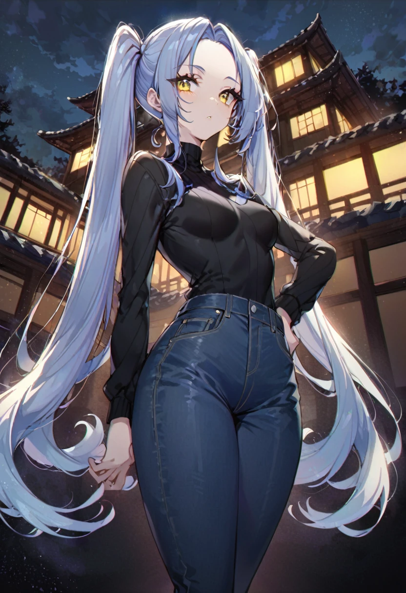 (One very tall woman,Navy Blue Hair,Her hairstyle is twin tails that expose her forehead.,Medium chest,yellow eyes)Black Techwear,Jeans pants,Background is a Japanese mansion at night