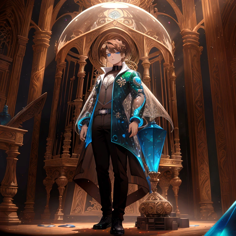 Full Body Shot (One Boy) ((Brown Hair, medium hair, Curvy Hair, Both Sides Up))), ((Green Eyes))), Eyeshadow, Hyper Detail Eye, Complex Eyes, Beautiful Eyes, Detailed Eyes, (((Rectangle-shaped pupils, glowing blue pupils))) 22 year old boy. (wearing a transparent jacket made of PVC material)) cool weaponed hand, huge cool weapon arm, mechanism, machine, open stance, coalescing