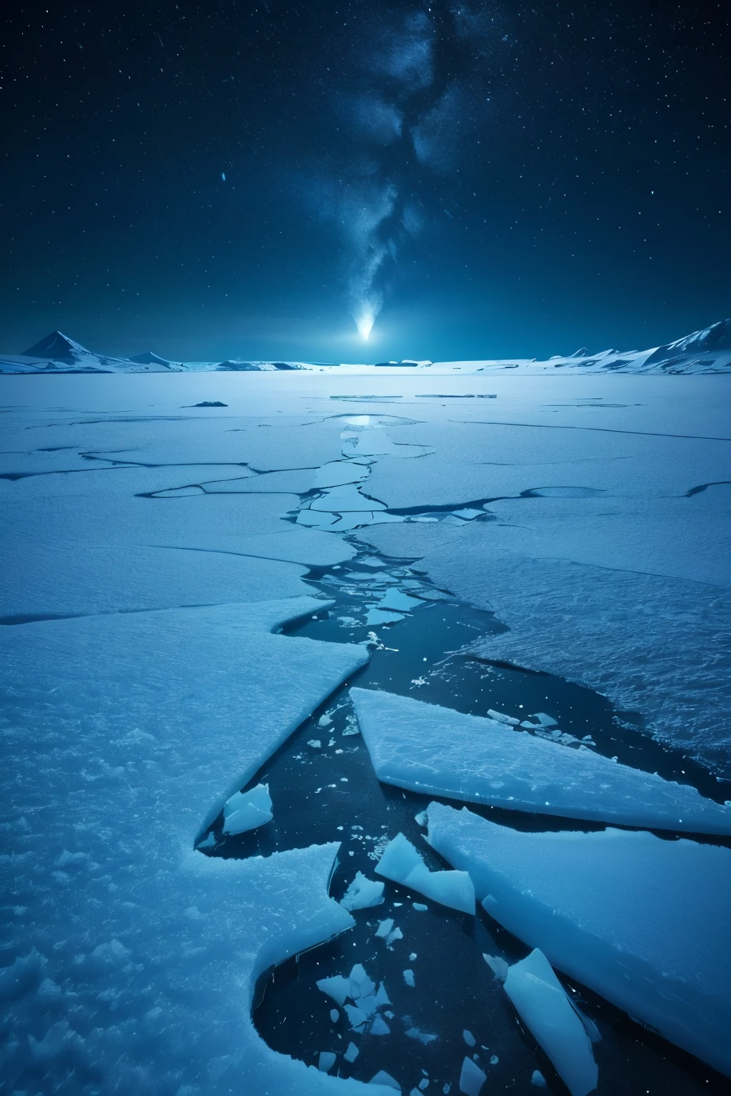 Lonely Ice Land、Faint moonlight in the night sky、Gloomy sky、A faint light in the distance、 scenery、Sad snow world、Night Sky、A freezing ice world、I see a small light far away、Very 、so sad、Very cold。