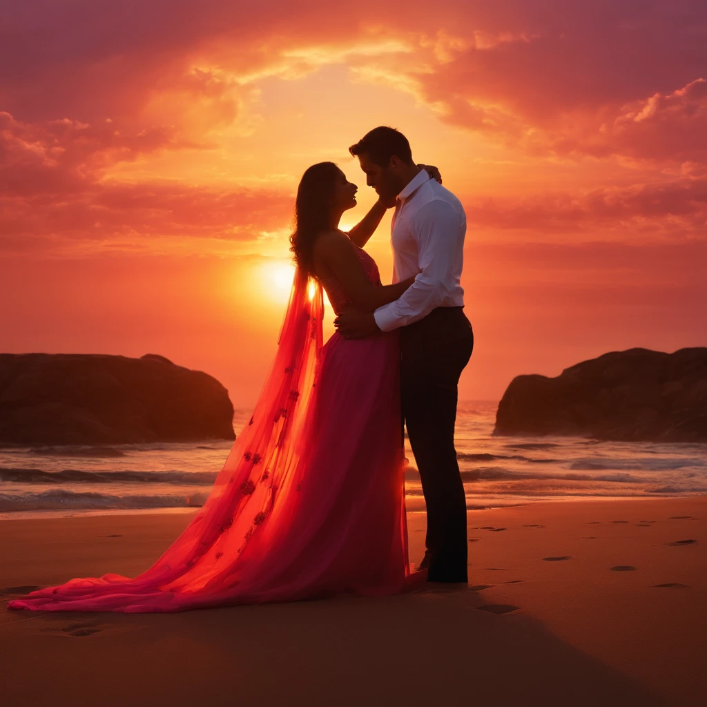 In a romantic and passionate setting, the setting transforms into an oasis of love and desire. The sun sets on the horizon, Painting the sky with vibrant shades of orange and pink, as the stars begin to dot the firmament, creating a magical and intimate atmosphere.
In the center of this scenario, a couple meets, enveloped by the overwhelming emotions of love. They indulge in an intense and passionate kiss, their hearts beating in unison, echoing the rhythm of the passion that consumes them. The touch of their lips is the pure expression of the love and deep connection they share.
The soft evening light envelops the couple in a halo of romance, highlighting the beauty of their faces illuminated by the burning feeling that unites them. In harmony with the romantic setting, the scene brims with intensity and emotion, capturing the sublime moment of total and unconditional surrender between two souls in love.